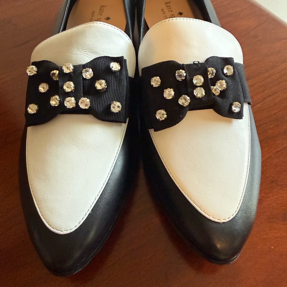 Kate Spade Black and White Loafers with Embellished Bow